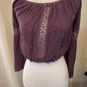 Charlotte Russe Deep Plum Long Sleeve Crop Top with Ruched Neckline